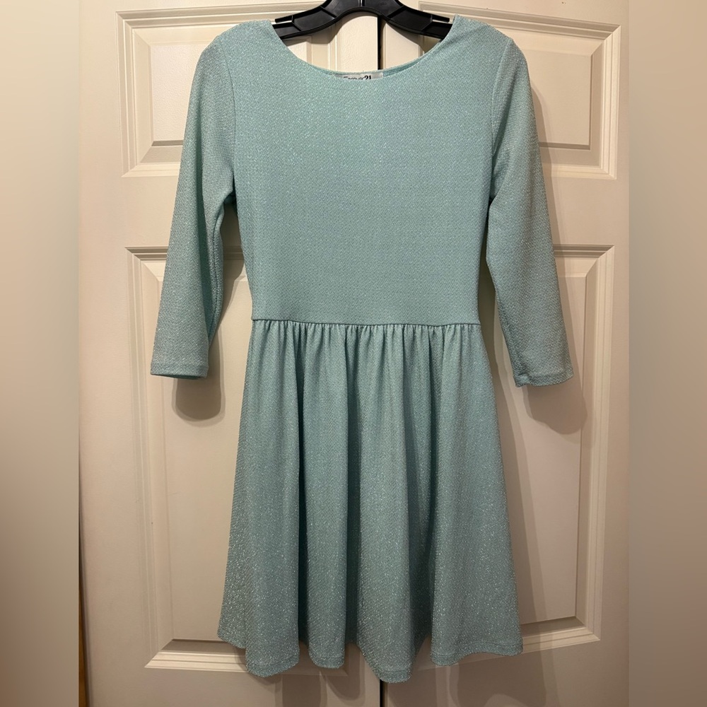 Forever 21 Shimmery Icy Blue A-Line Dress 3/4 Sleeve Size Large